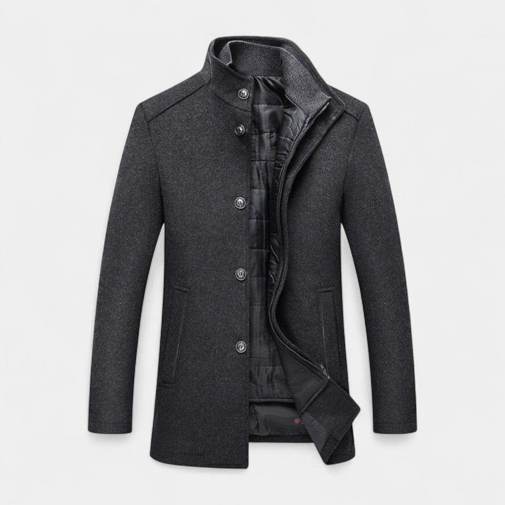 Wool-Blend Trench Coat Stand Collar Tailored Fit for Men