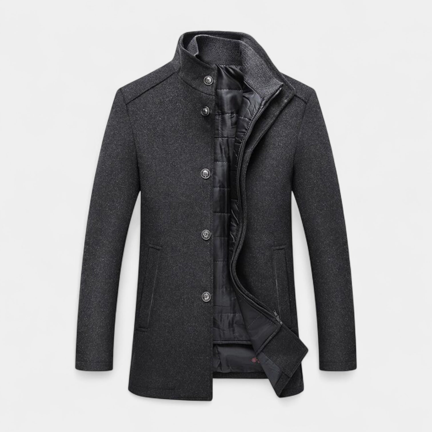 Wool-Blend Trench Coat Stand Collar Tailored Fit for Men