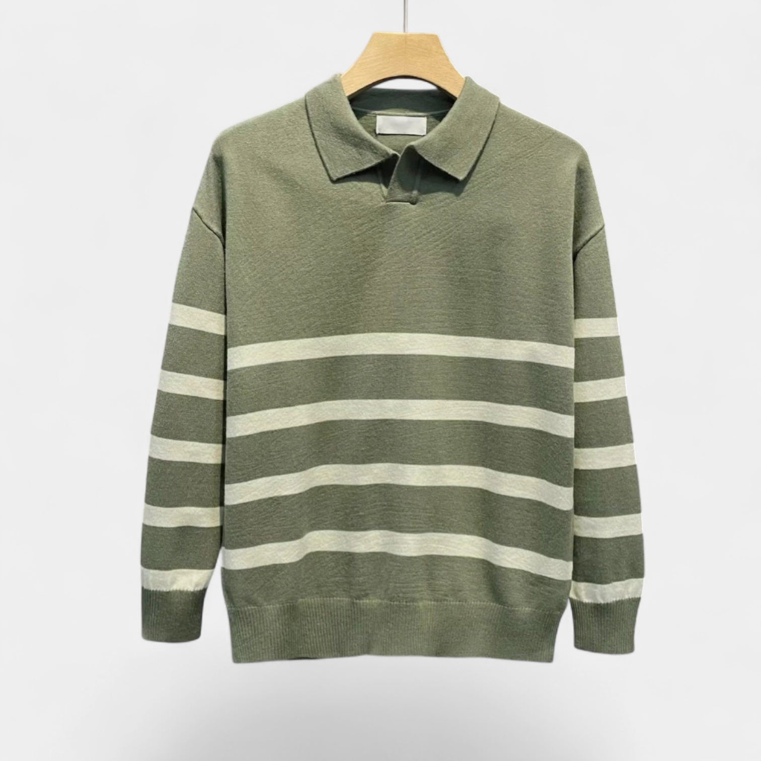 Striped Knit Polo Shirt Slim Fit Ribbed for Men