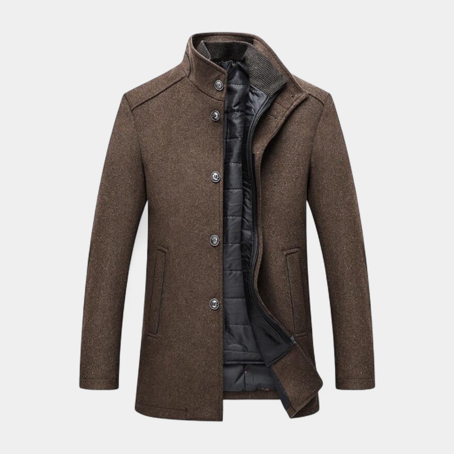 Wool-Blend Trench Coat Stand Collar Tailored Fit for Men
