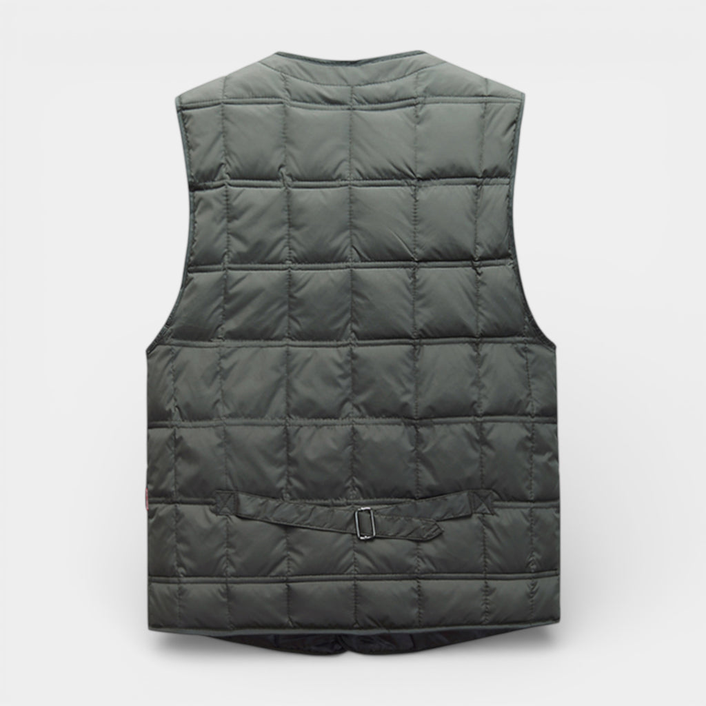 Button-Up Quilted Vest V-Neck Zip Pockets for Men