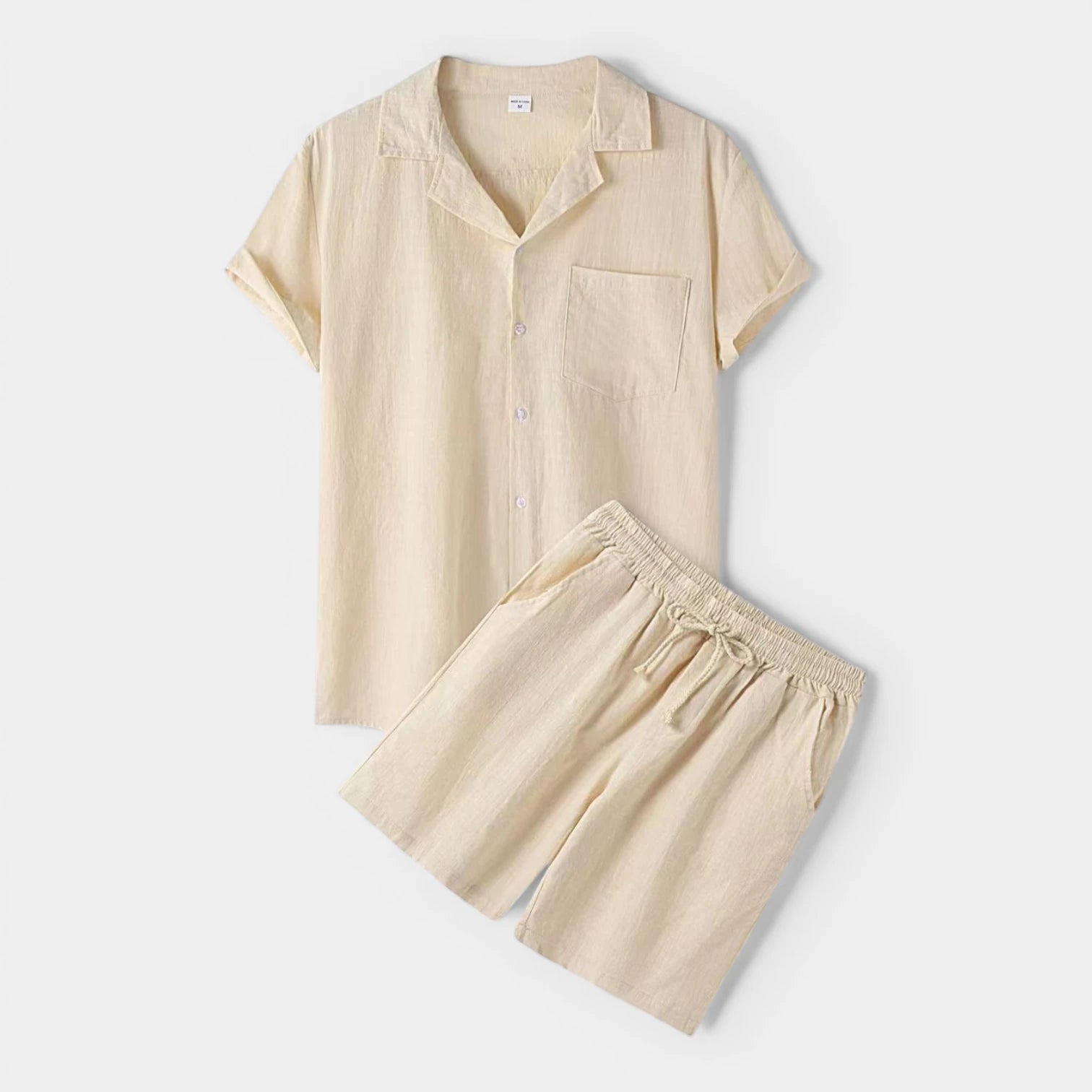 Short Sleeve Button-Up Shirt Drawstring Shorts Set for Men