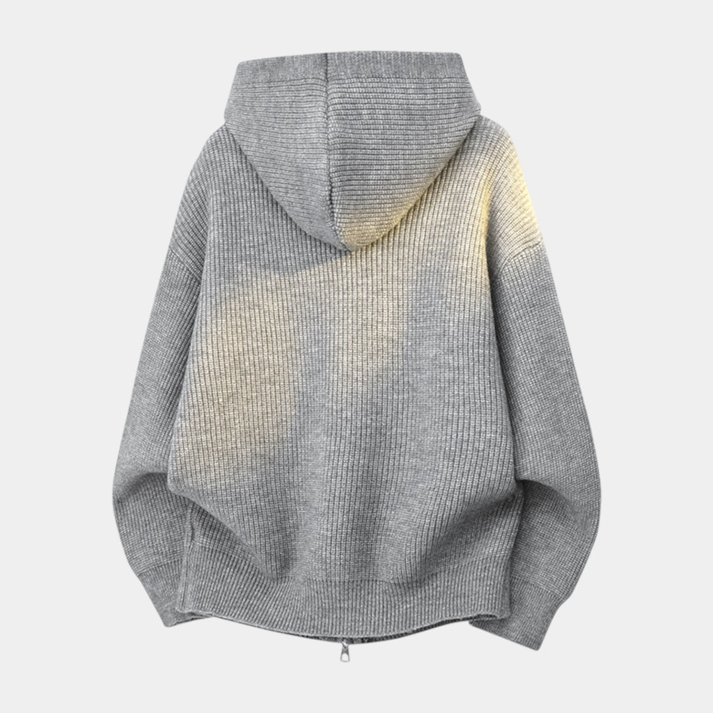 Ribbed Knit Hooded Zip Sweater Relaxed Fit for Men