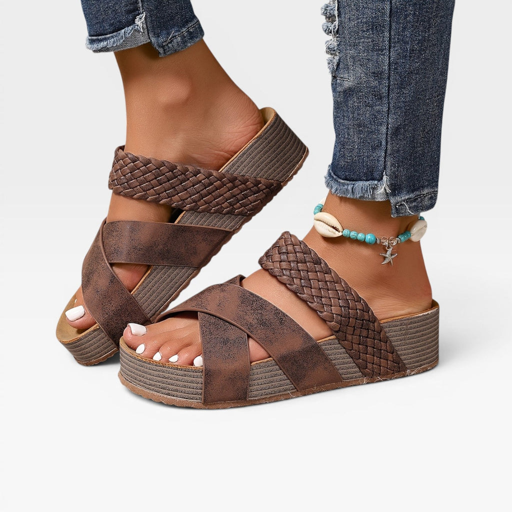 Women's Woven Cross-Strap Wedge Mules