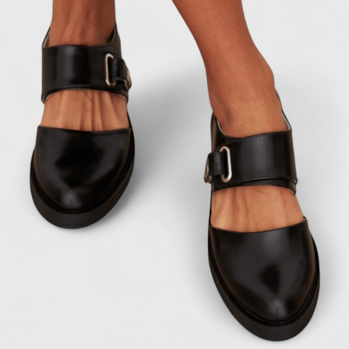 Women's Leather Mary Jane Flats with Buckle Strap
