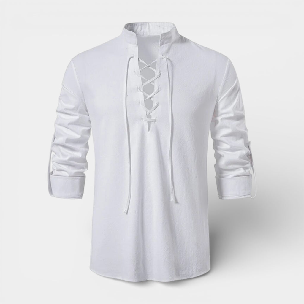 Lace-Up Band Collar Shirt Long Sleeve for Men
