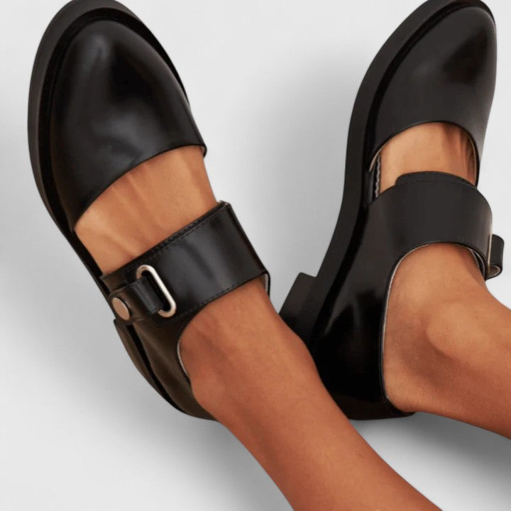 Women's Leather Mary Jane Flats with Buckle Strap