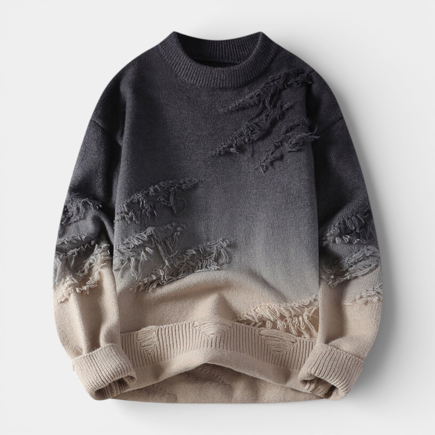 Distressed Ombre Crewneck Knit Sweater Regular Fit for Men