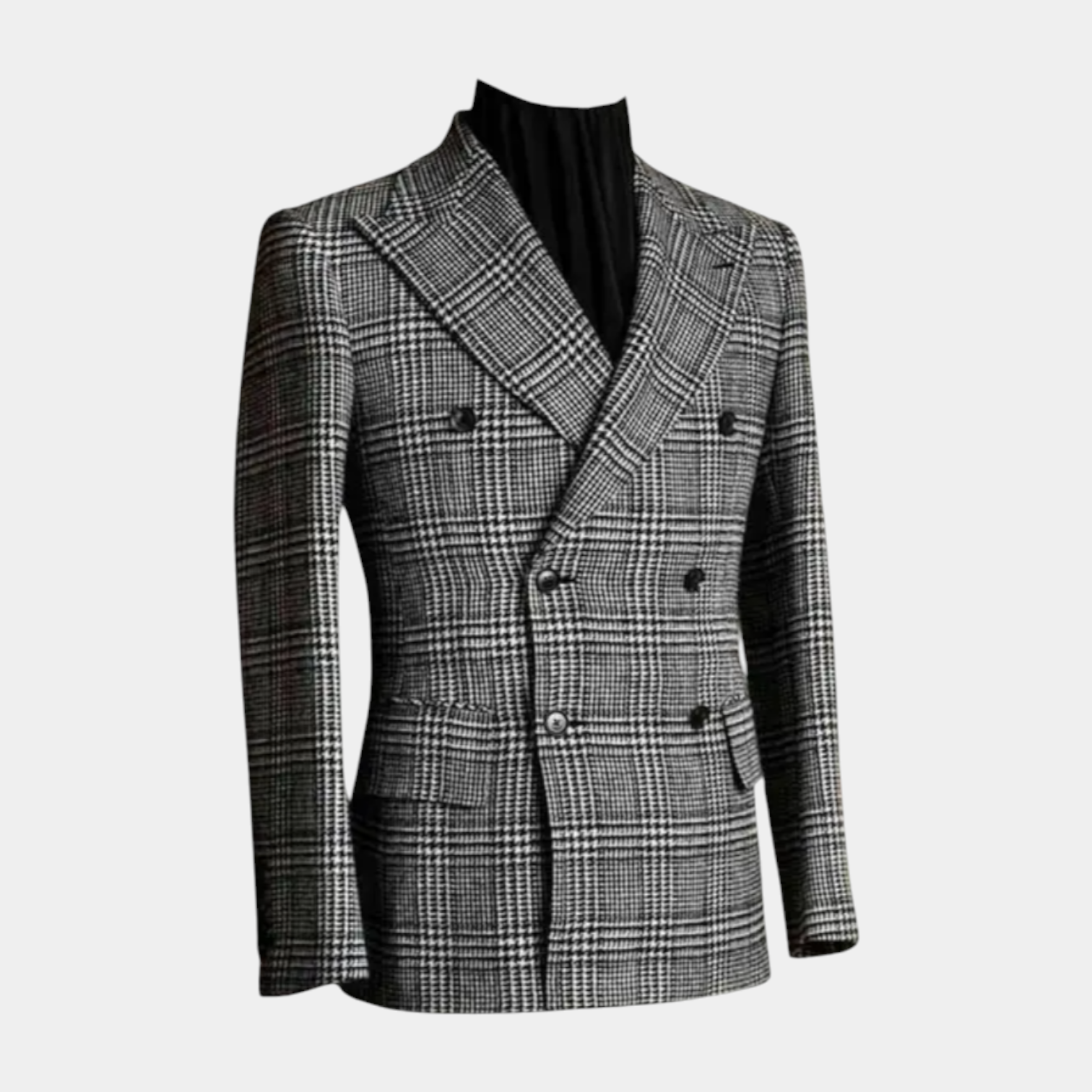 Plaid Double-Breasted Blazer Tailored Fit for Men