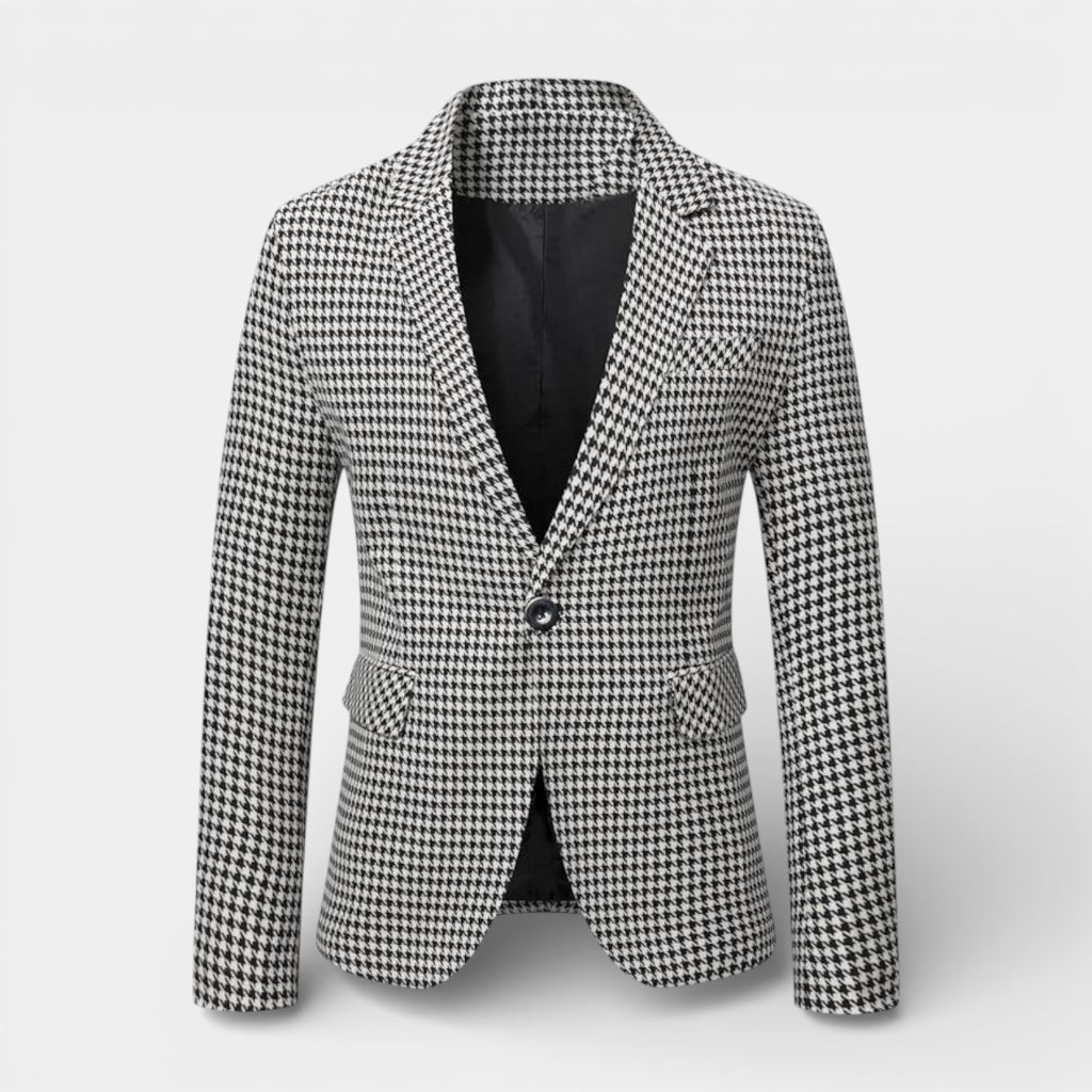 Single-Button Houndstooth Blazer Notch Lapel for Men