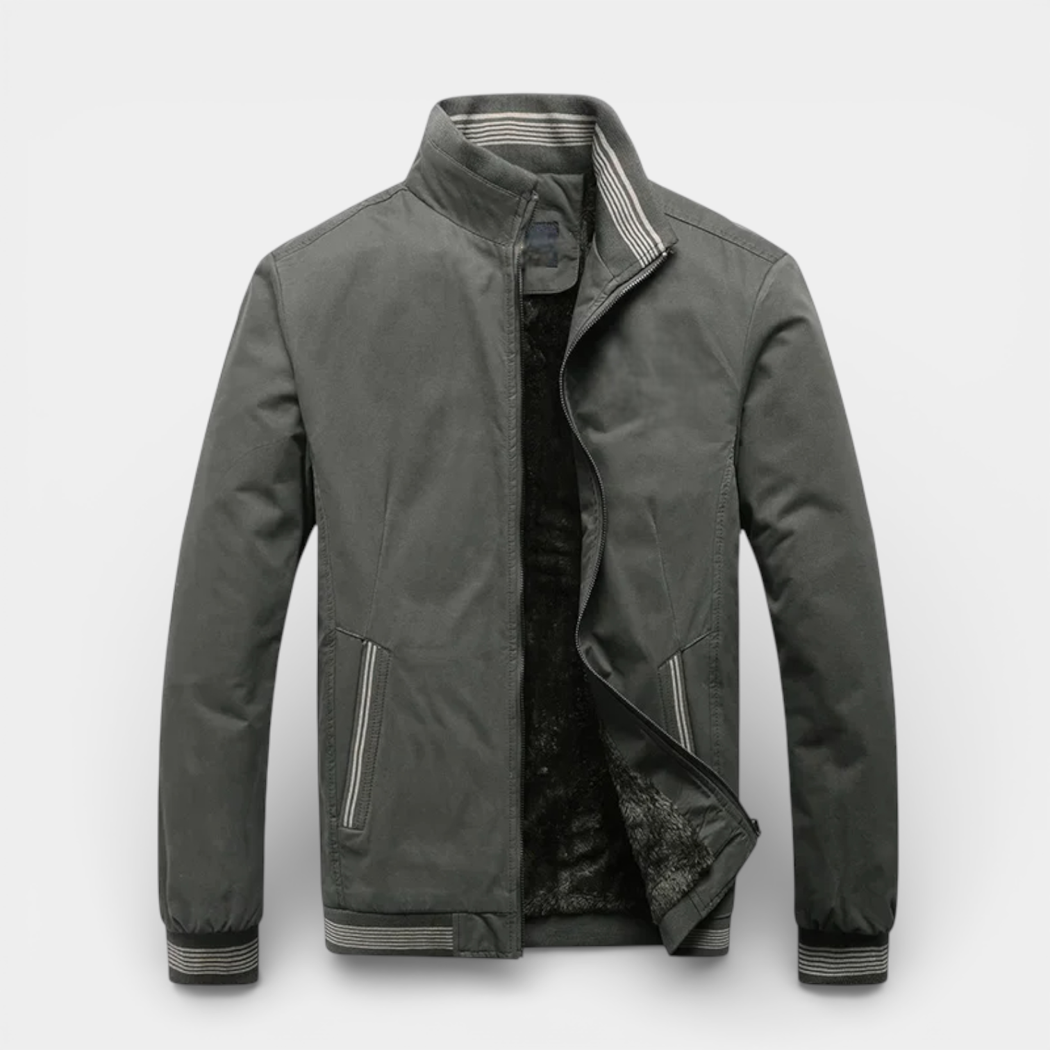 Zip-Up Stand Collar Jacket Ribbed Trim for Men