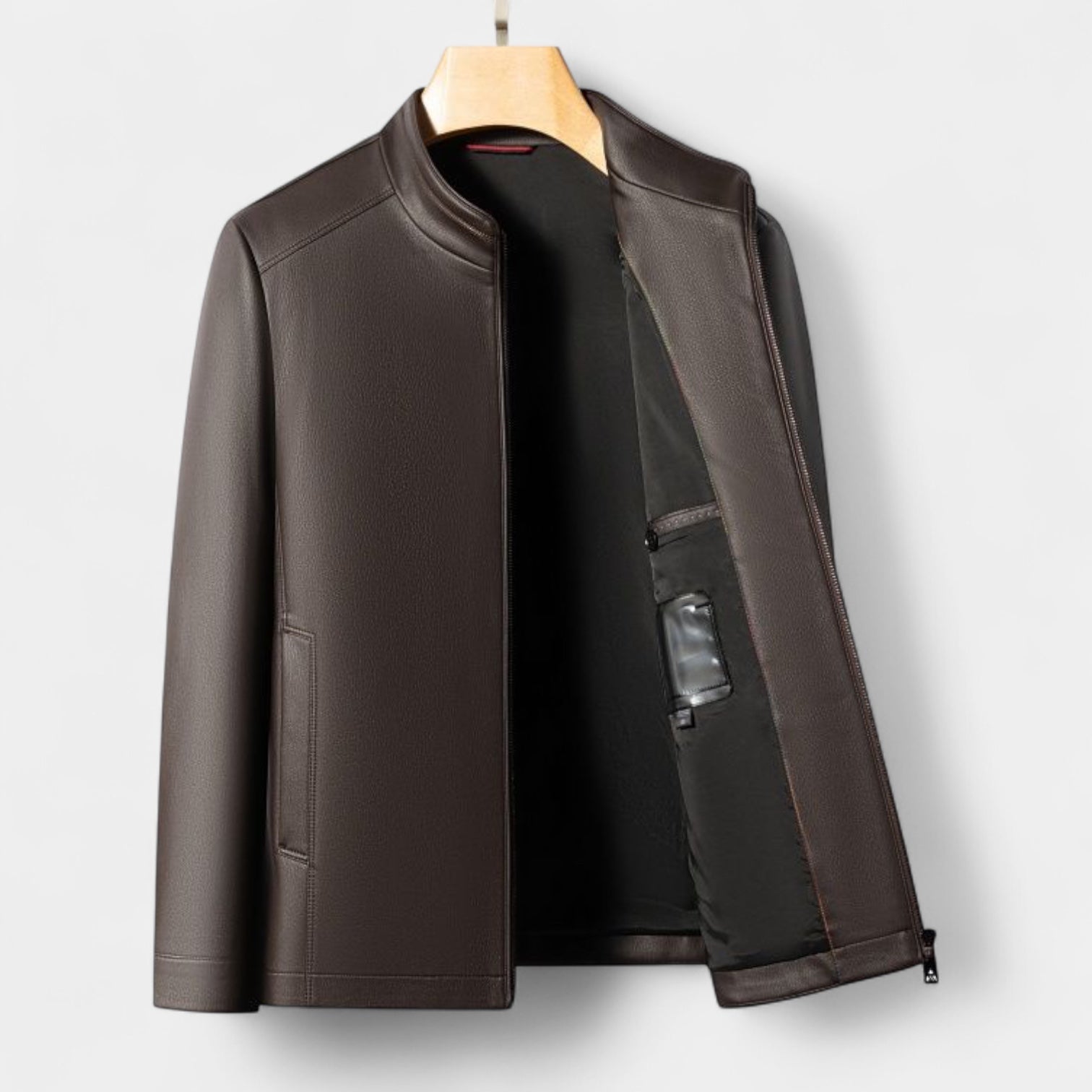 Genuine Leather Stand Collar Jacket Regular Fit for Men