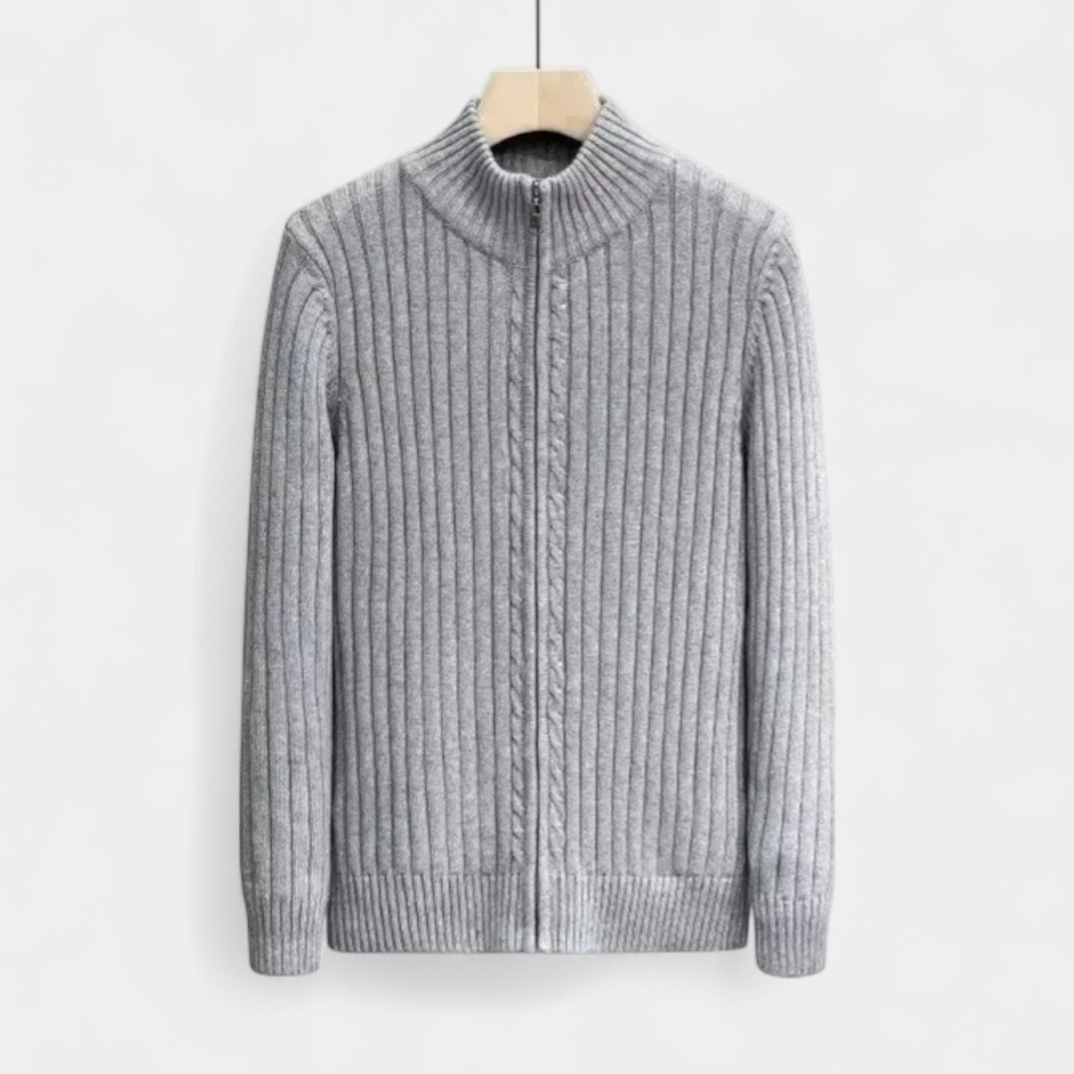 Ribbed Wool Zip-Up Cardigan High Collar for Men