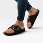 Women's Cushioned Slide Sandals with Buckle Detail