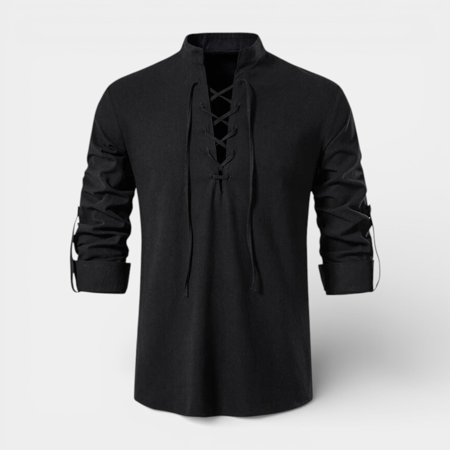 Lace-Up Band Collar Shirt Long Sleeve for Men