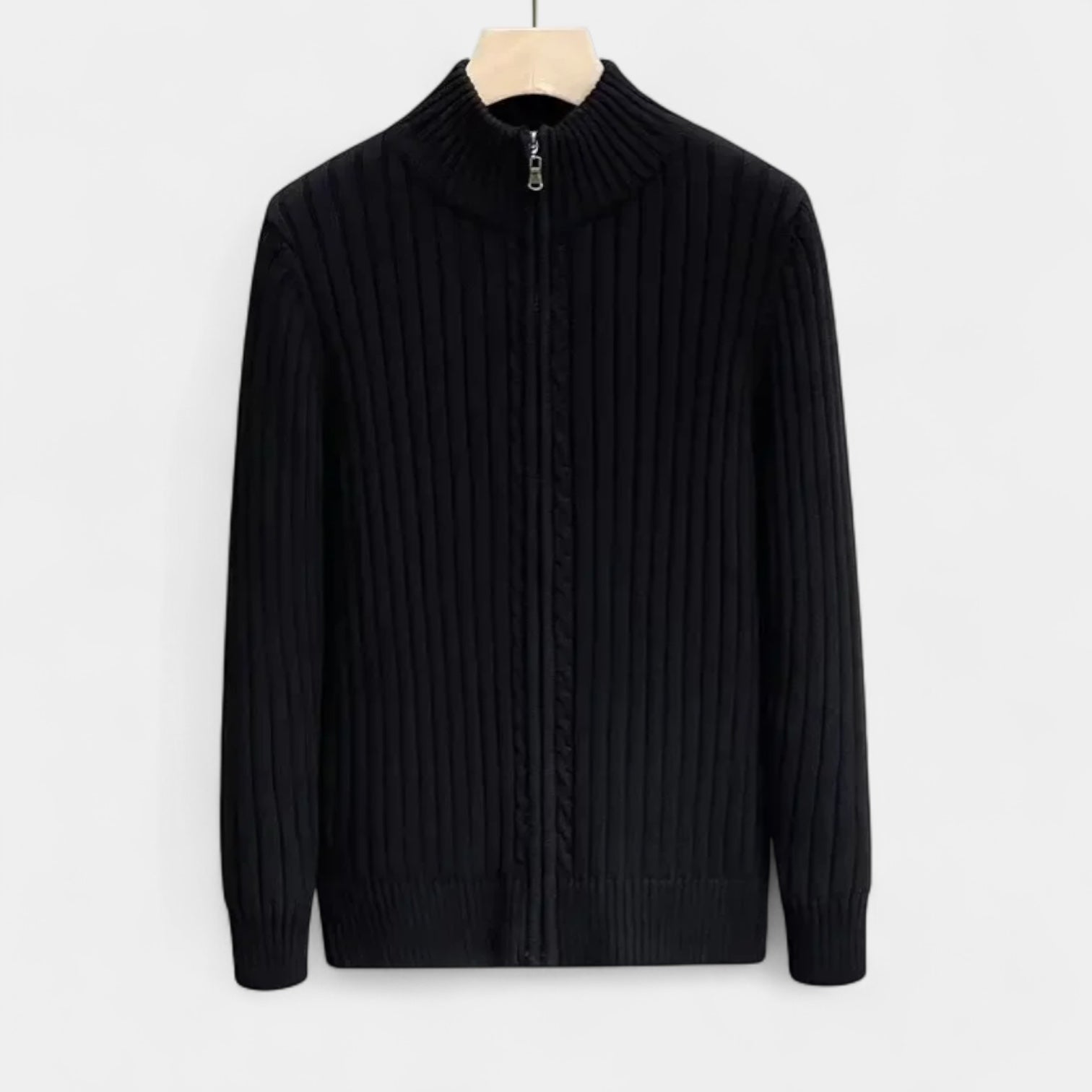 Ribbed Wool Zip-Up Cardigan High Collar for Men