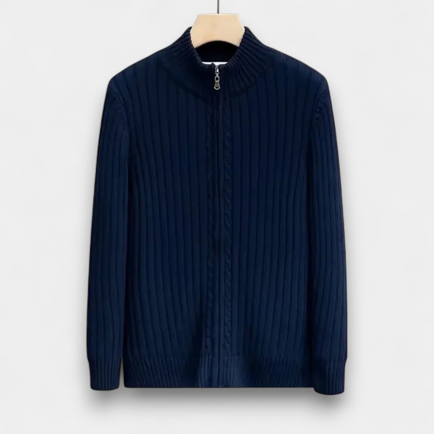 Ribbed Wool Zip-Up Cardigan High Collar for Men