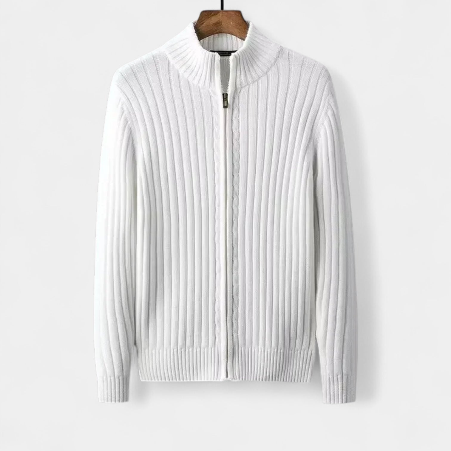 Ribbed Wool Zip-Up Cardigan High Collar for Men