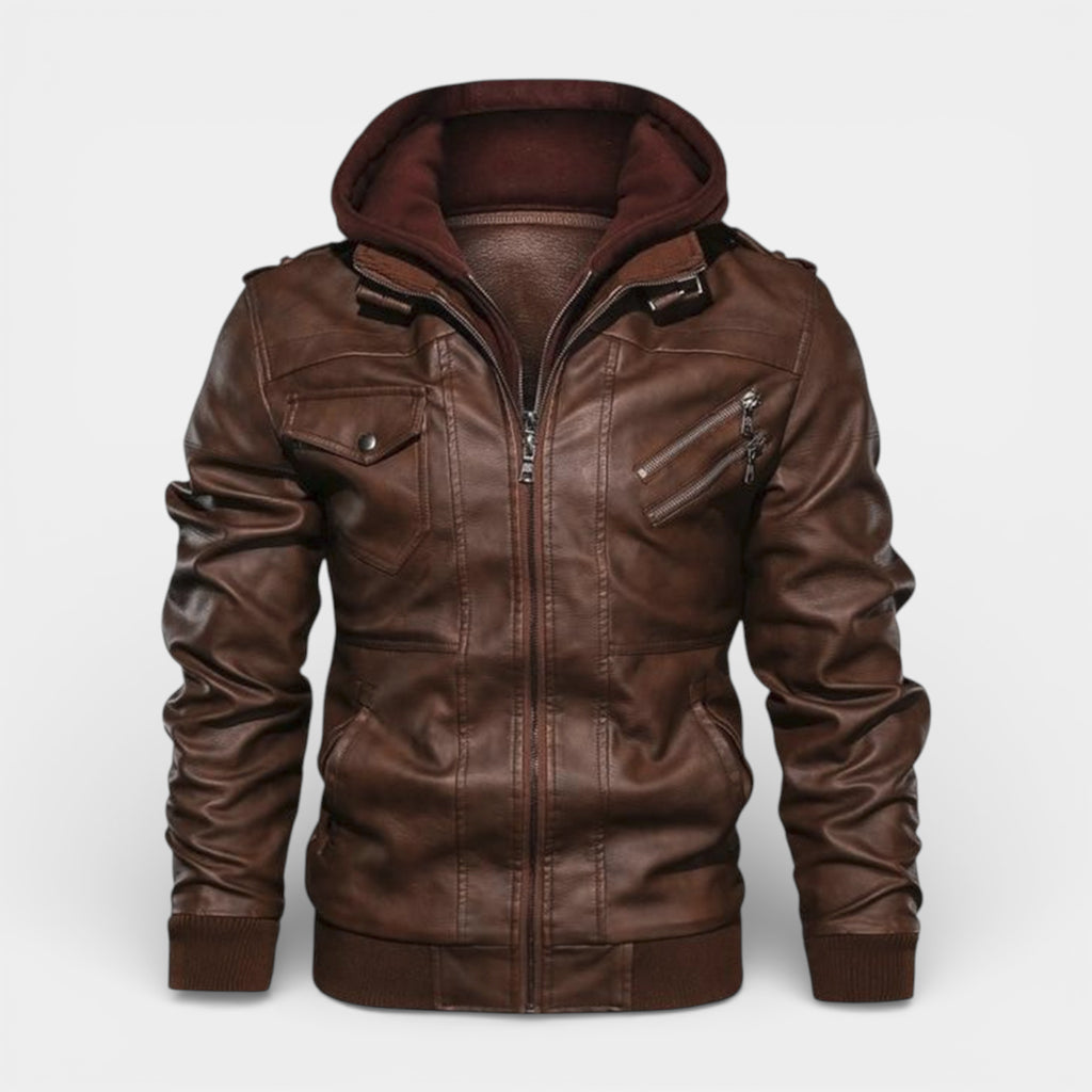 Hooded Vegan Leather Jacket Zip Front Regular Fit for Men