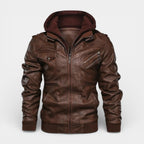 Hooded Vegan Leather Jacket Zip Front Regular Fit for Men