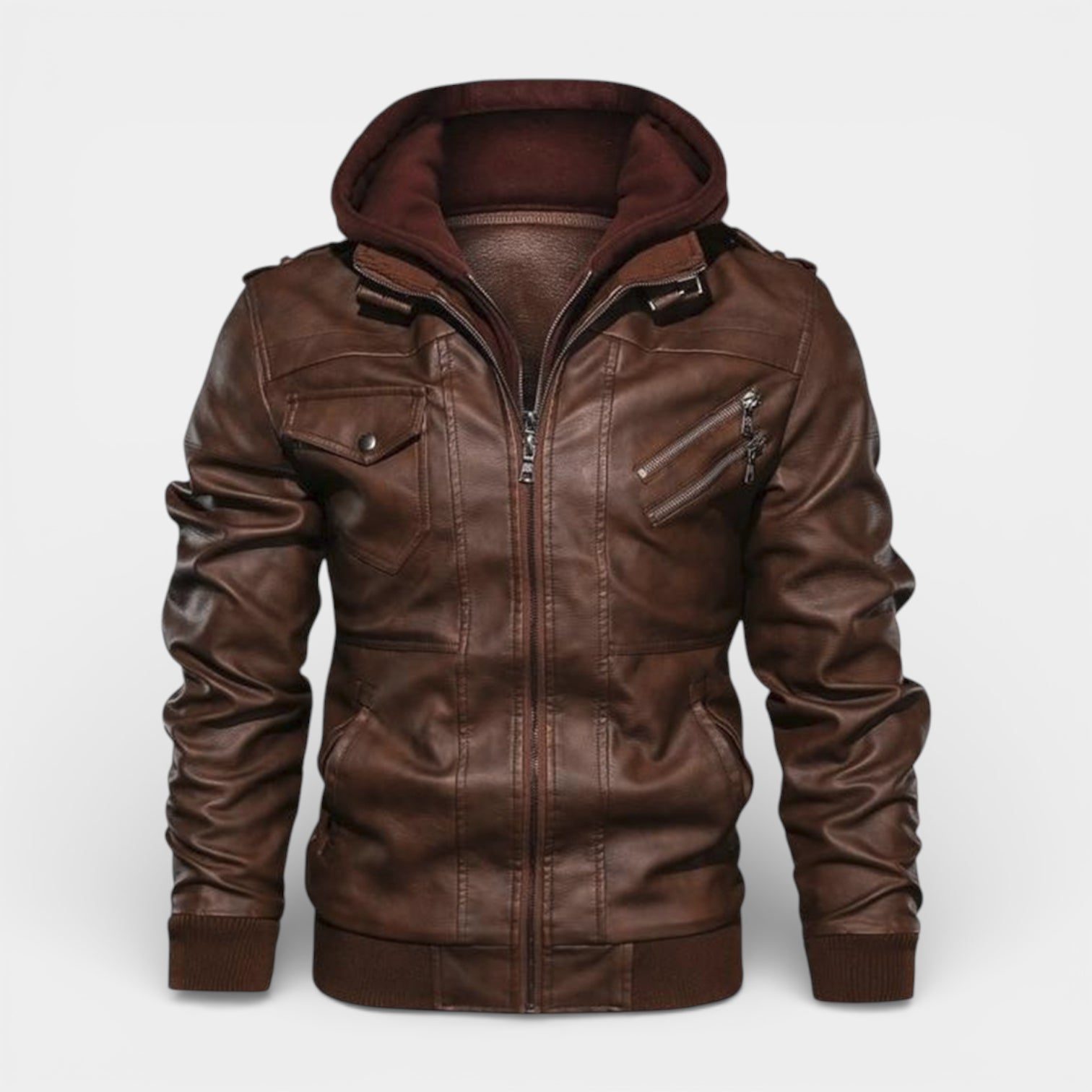 Hooded Vegan Leather Jacket Zip Front Regular Fit for Men
