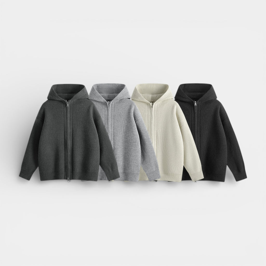 Ribbed Knit Hooded Zip Sweater Relaxed Fit for Men