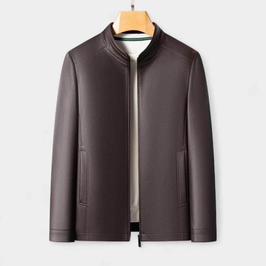 Genuine Leather Stand Collar Jacket Regular Fit for Men