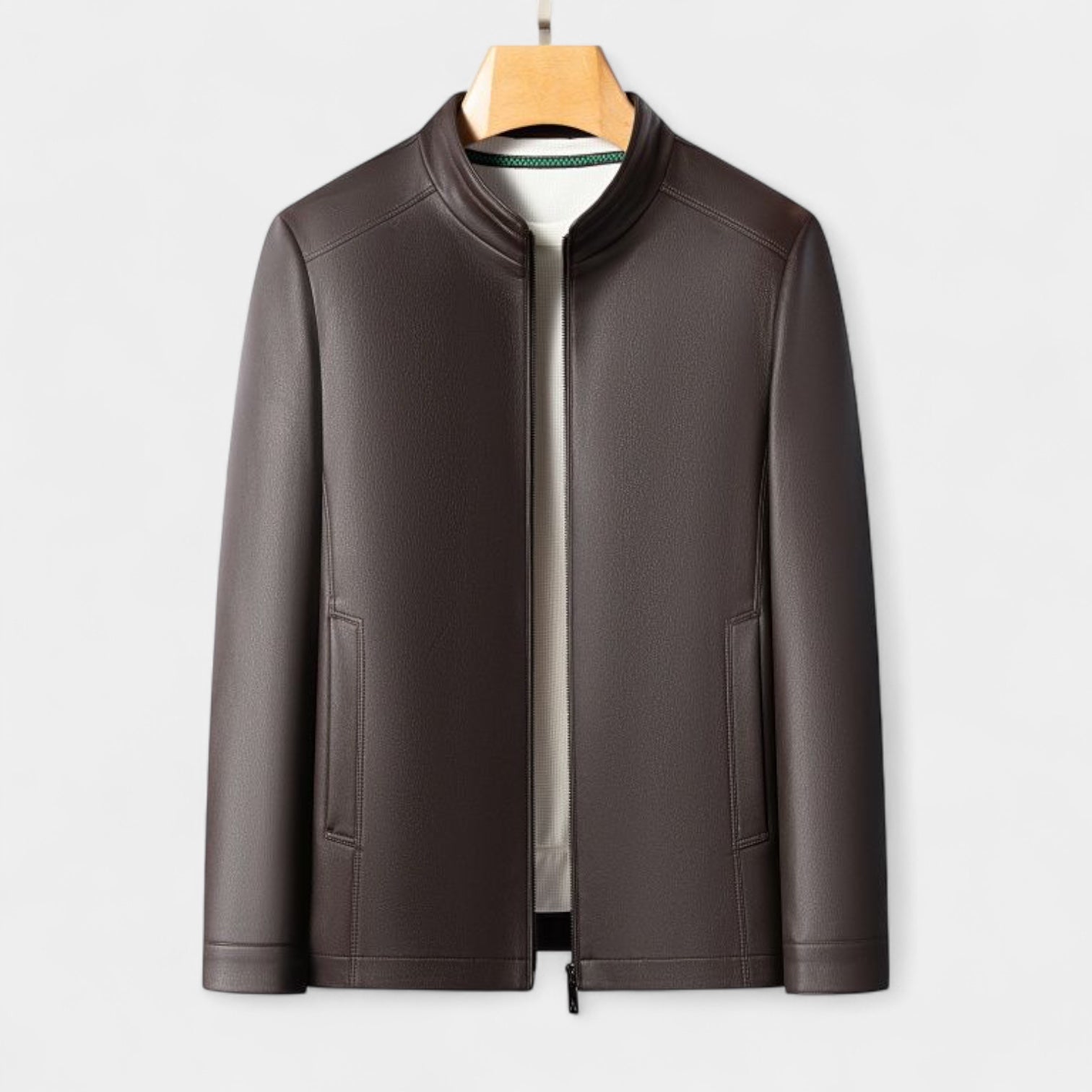 Genuine Leather Stand Collar Jacket Regular Fit for Men