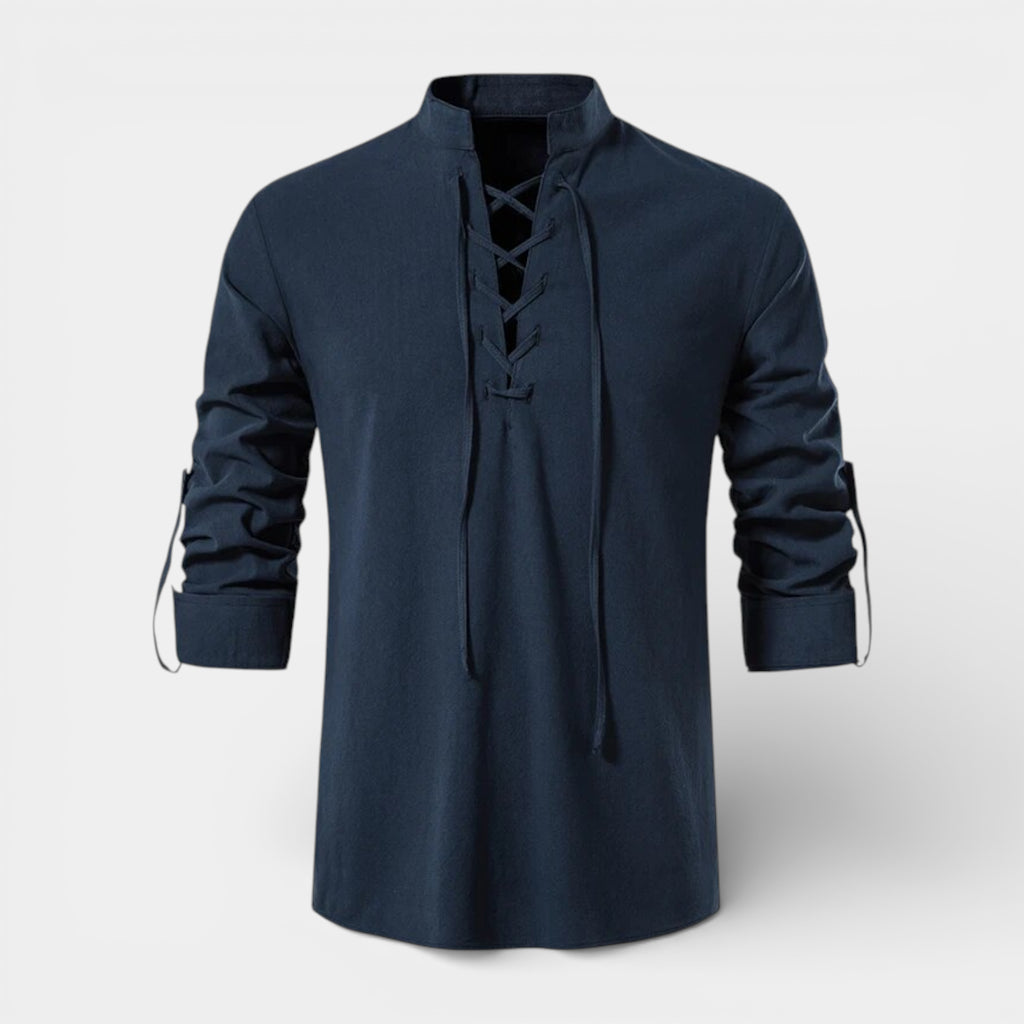 Lace-Up Band Collar Shirt Long Sleeve for Men