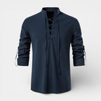 Lace-Up Band Collar Shirt Long Sleeve for Men