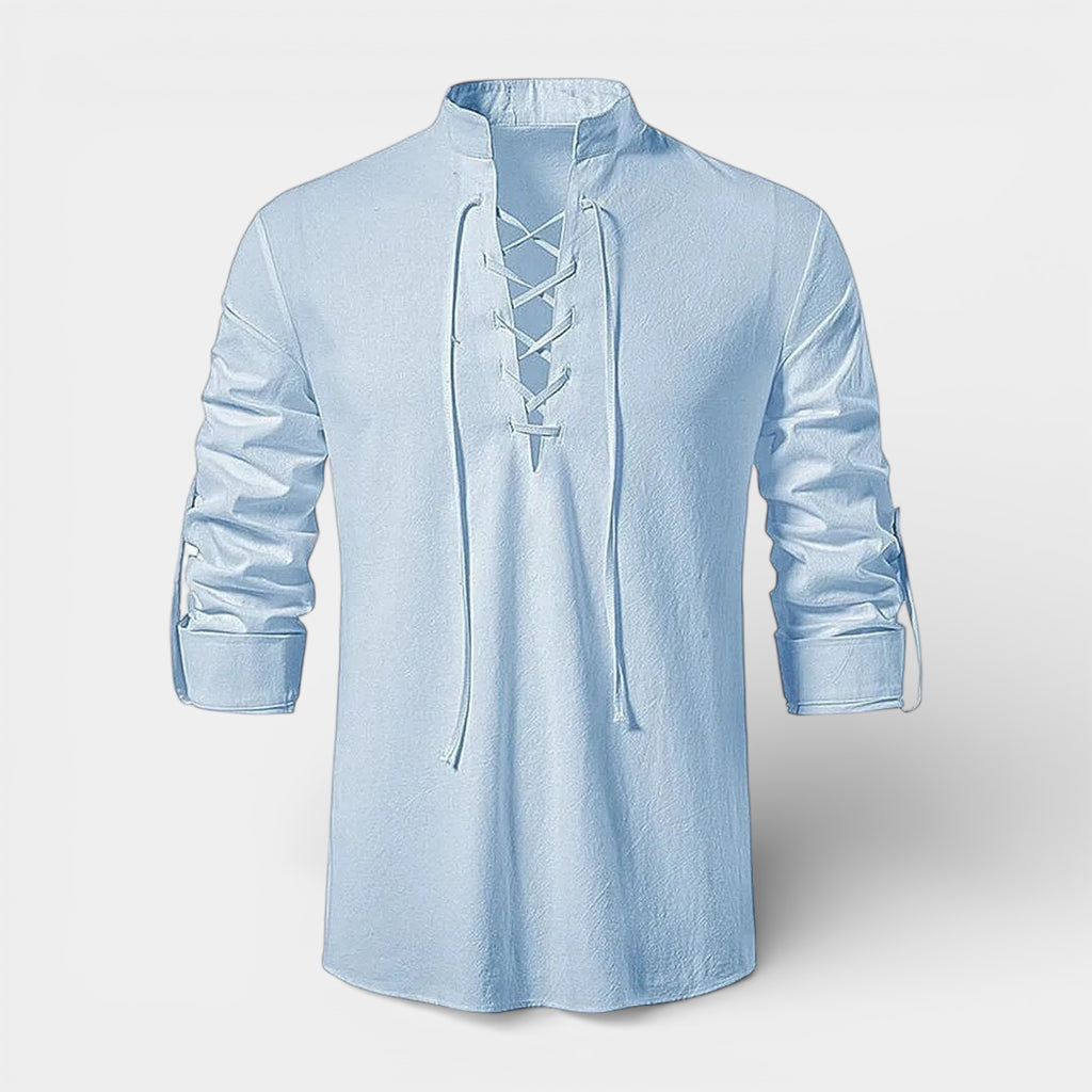 Lace-Up Band Collar Shirt Long Sleeve for Men