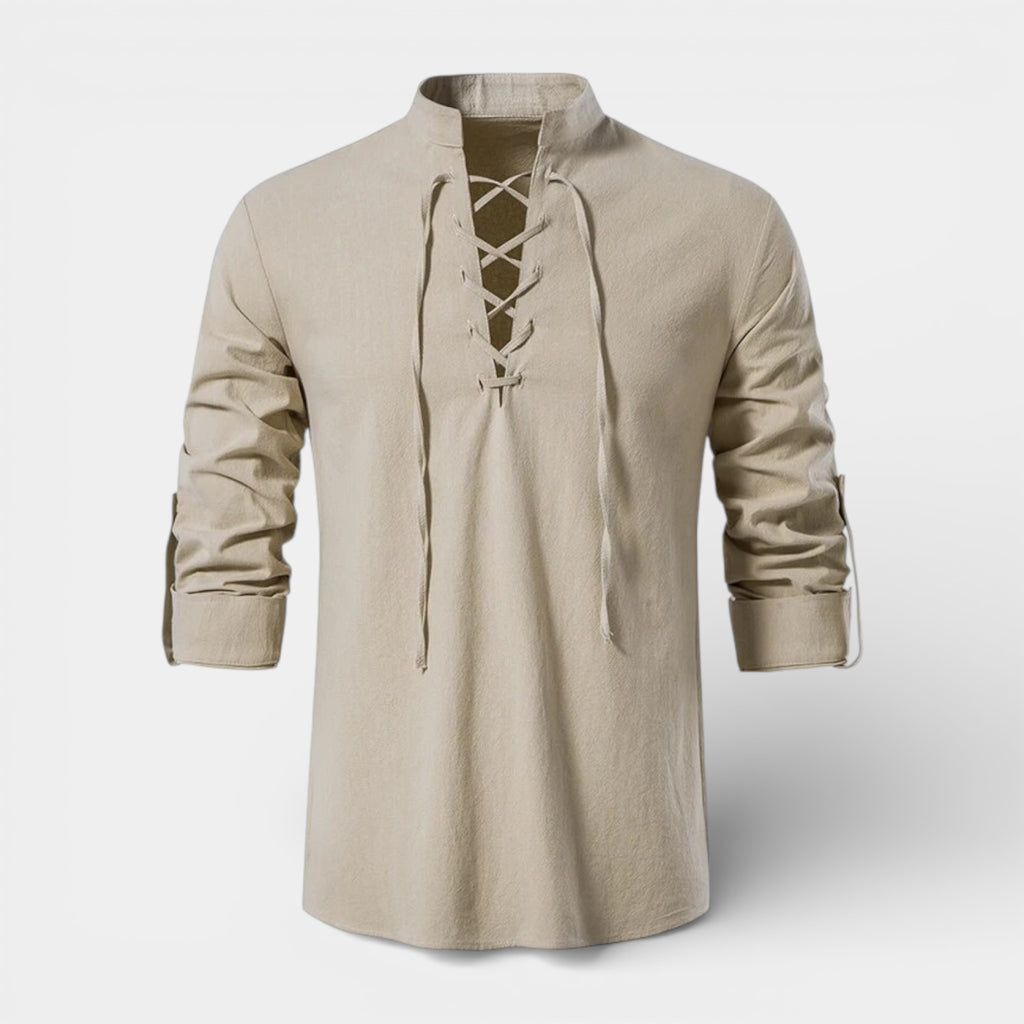 Lace-Up Band Collar Shirt Long Sleeve for Men