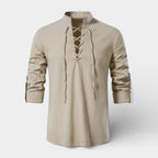 Lace-Up Band Collar Shirt Long Sleeve for Men