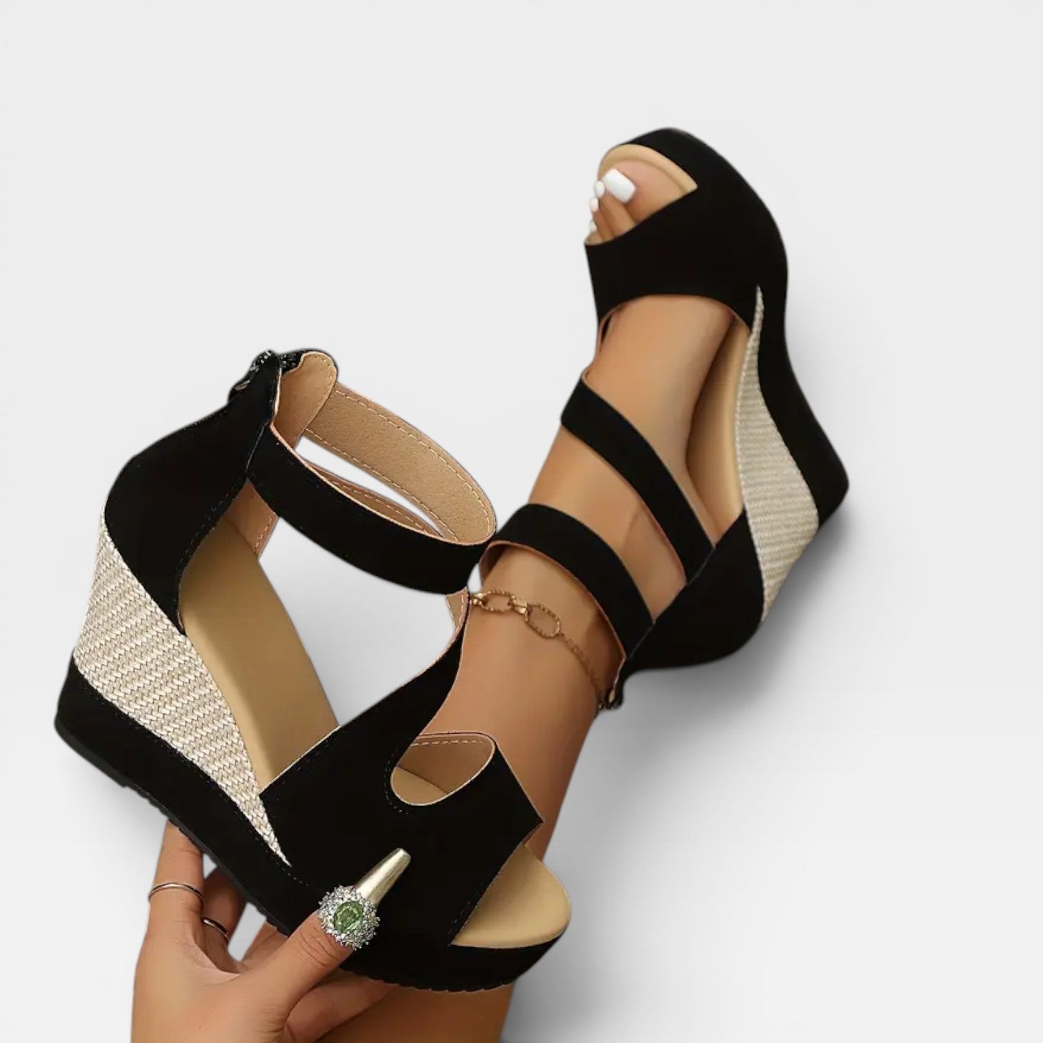 Women's Woven Platform Wedge Sandals with Ankle Strap