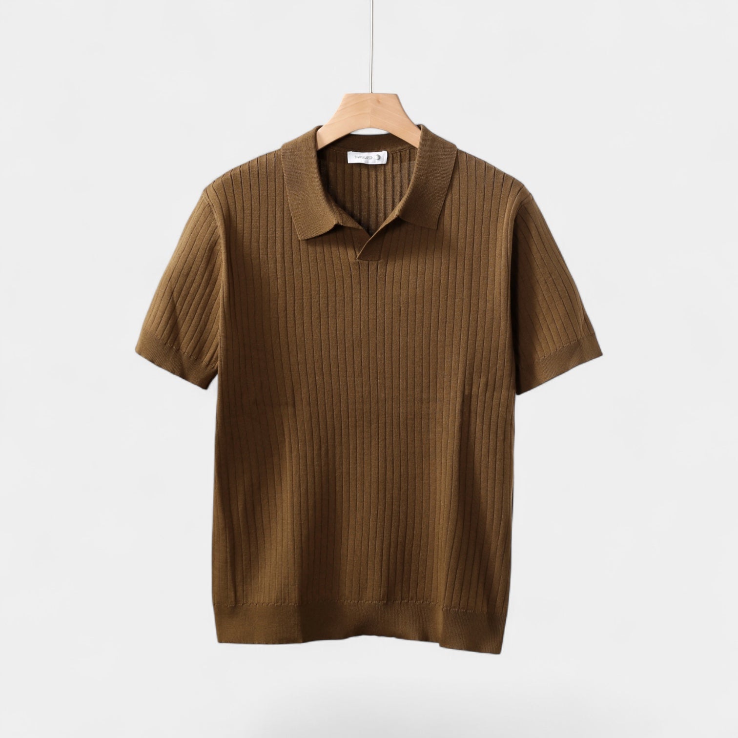 Ribbed Knit Polo Shirt Short Sleeve Slim Fit for Men