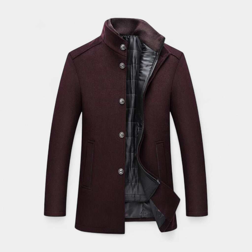 Wool-Blend Trench Coat Stand Collar Tailored Fit for Men