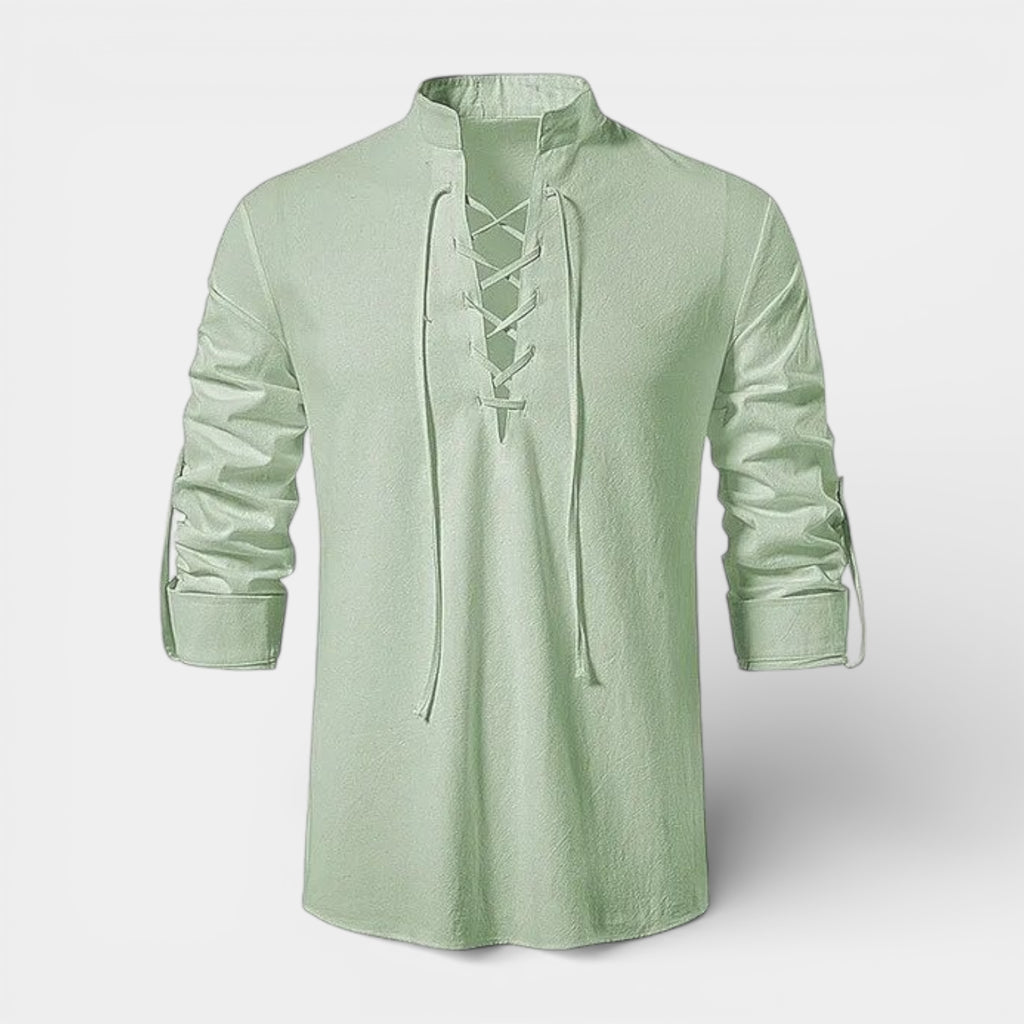 Lace-Up Band Collar Shirt Long Sleeve for Men