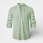 Lace-Up Band Collar Shirt Long Sleeve for Men