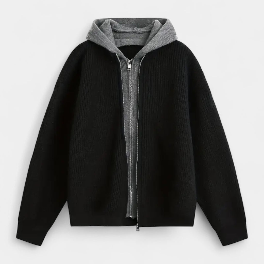 Zip-Up Knit Cardigan Hoodie Ribbed Relaxed Fit for Men