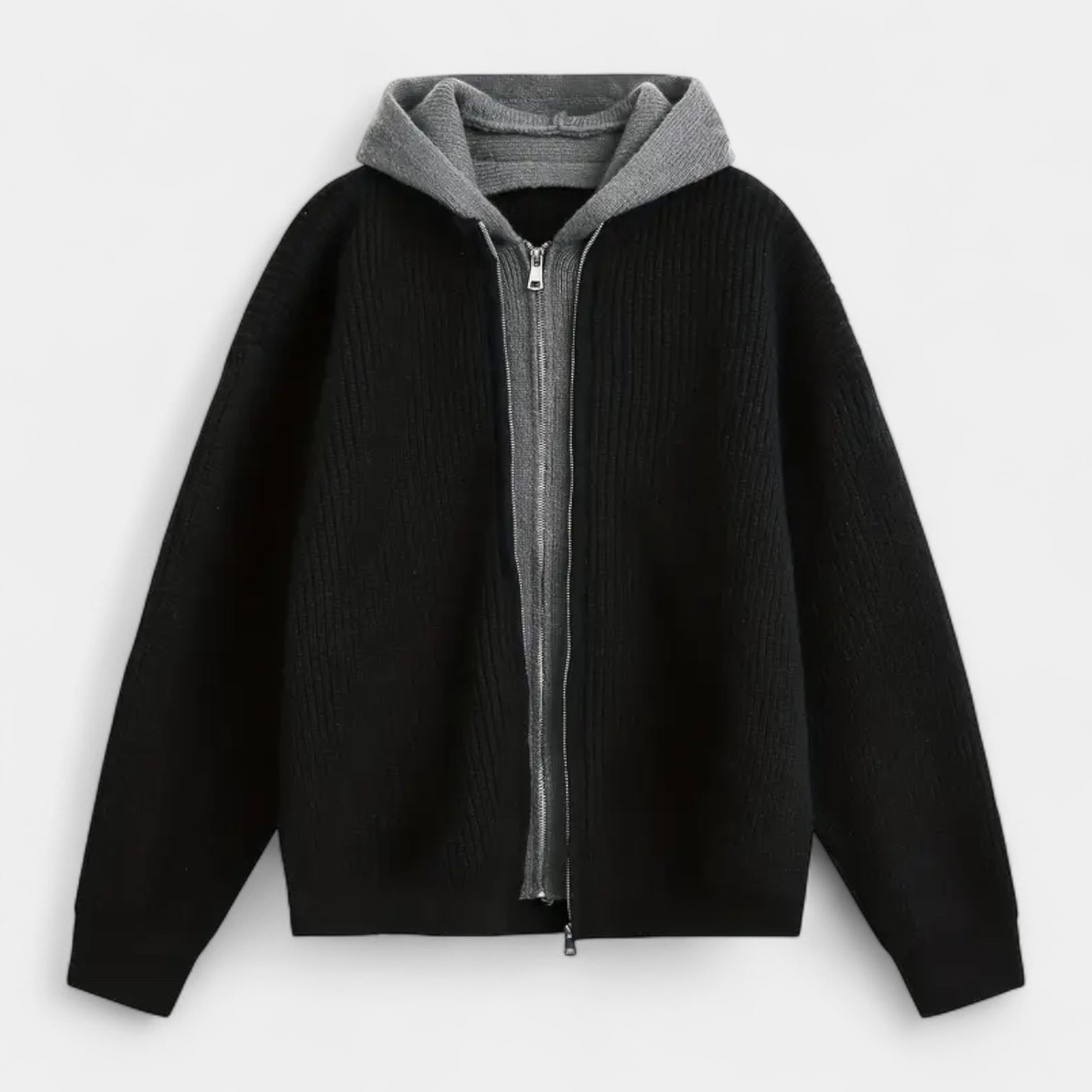 Zip-Up Knit Cardigan Hoodie Ribbed Relaxed Fit for Men