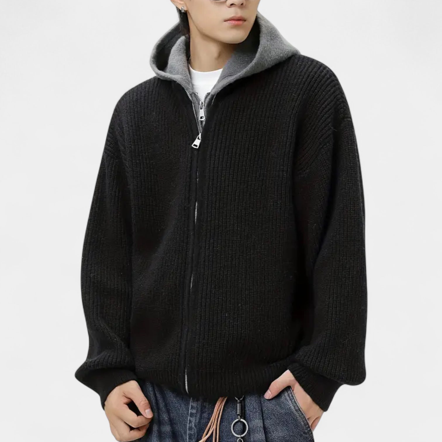 Zip-Up Knit Cardigan Hoodie Ribbed Relaxed Fit for Men