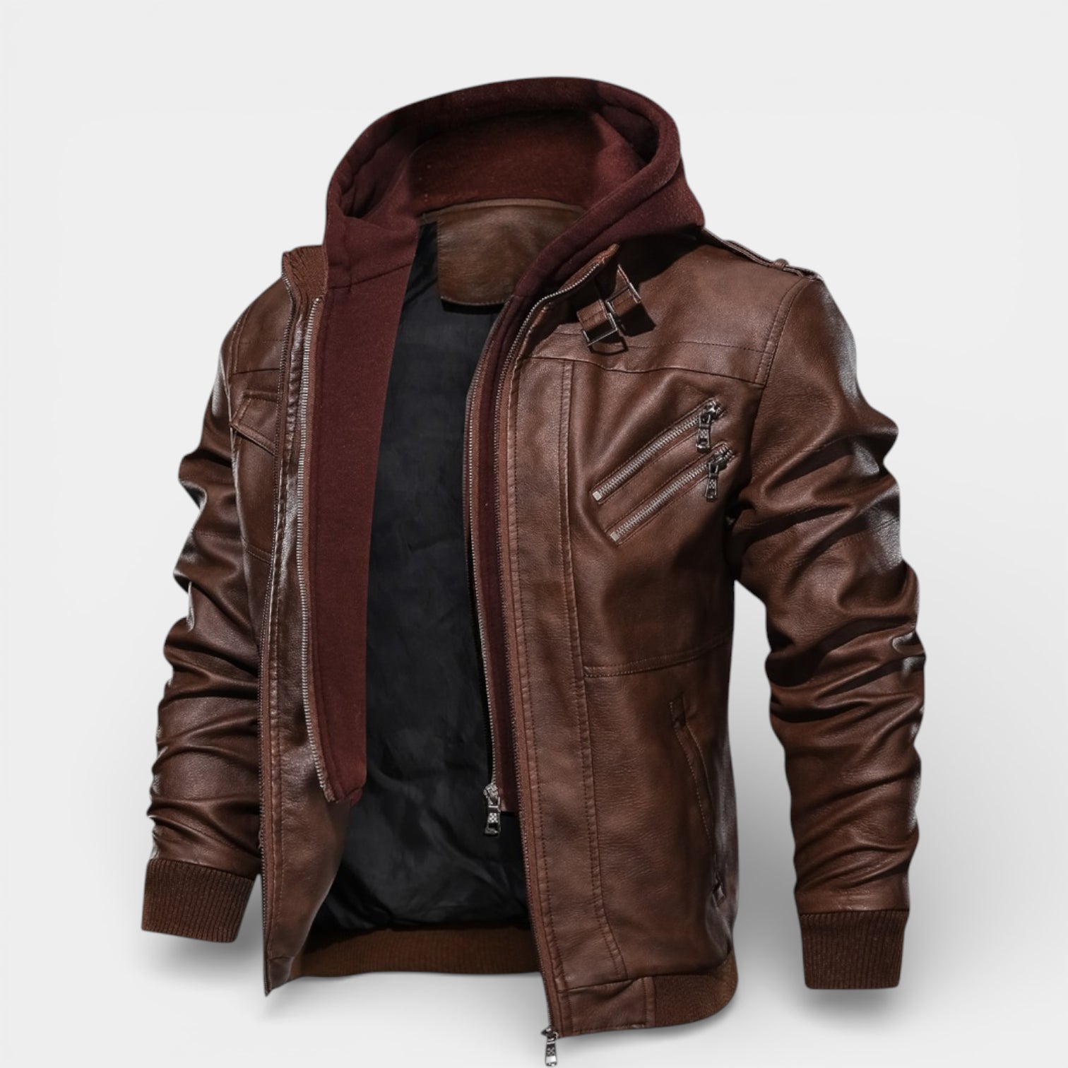 Hooded Vegan Leather Jacket Zip Front Regular Fit for Men