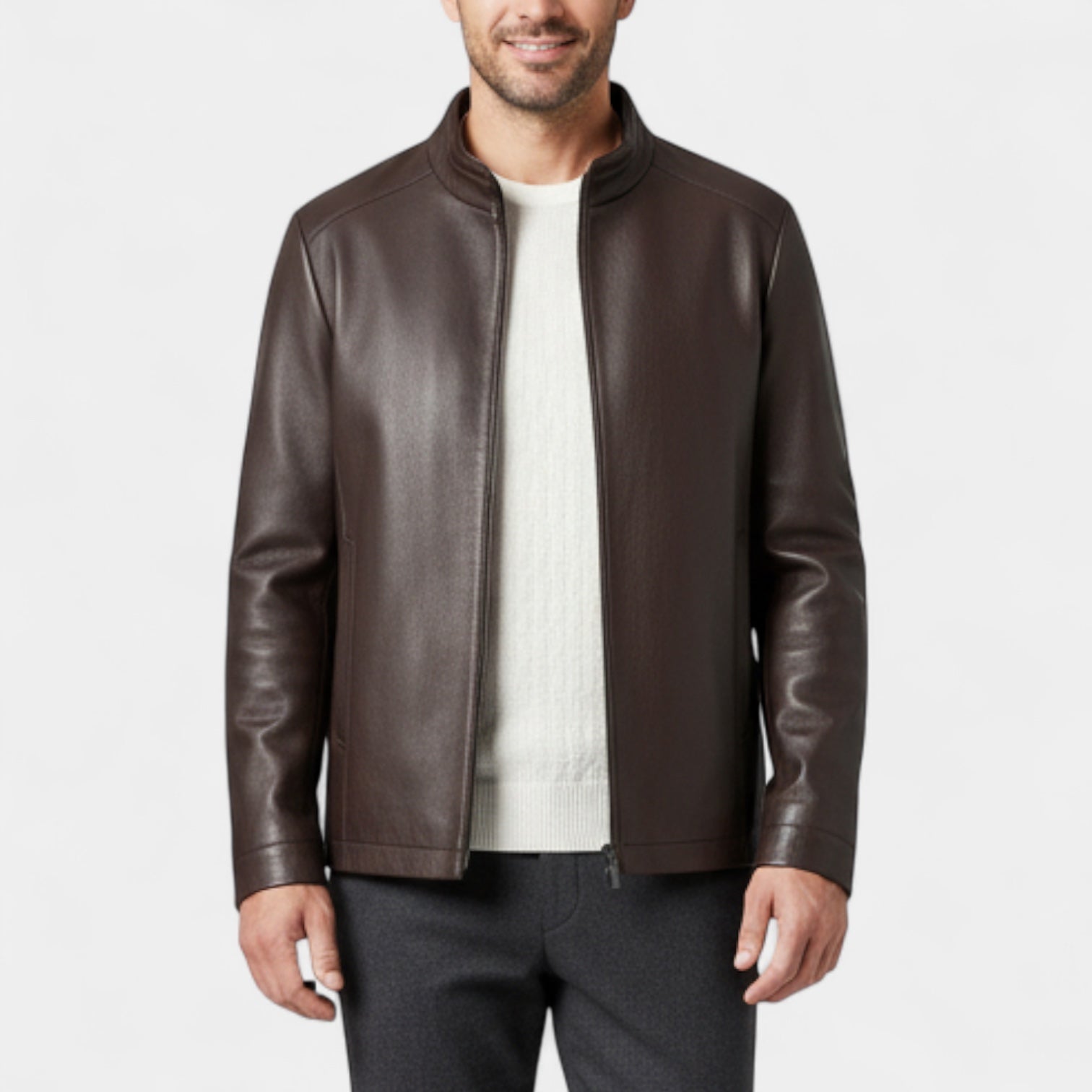 Genuine Leather Stand Collar Jacket Regular Fit for Men