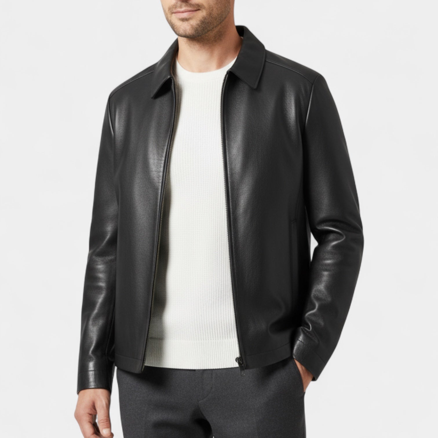 Genuine Leather Jacket Full Zip Regular Fit for Men