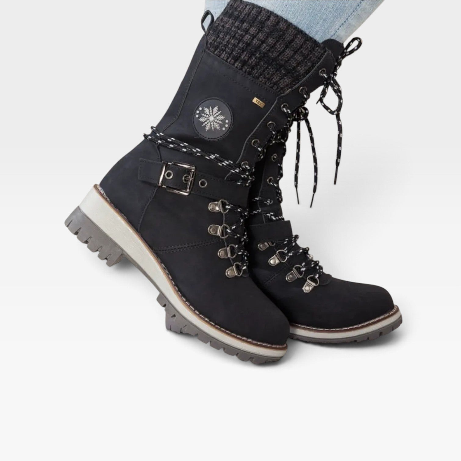 Women's Knit-Cuff Snow Boots with Buckle Detail