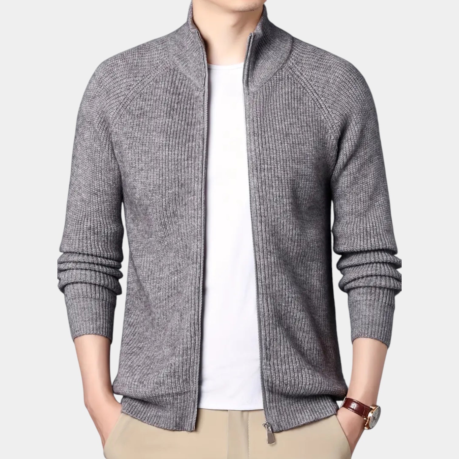 Full-Zip Ribbed Knit Cardigan Stand Collar for Men