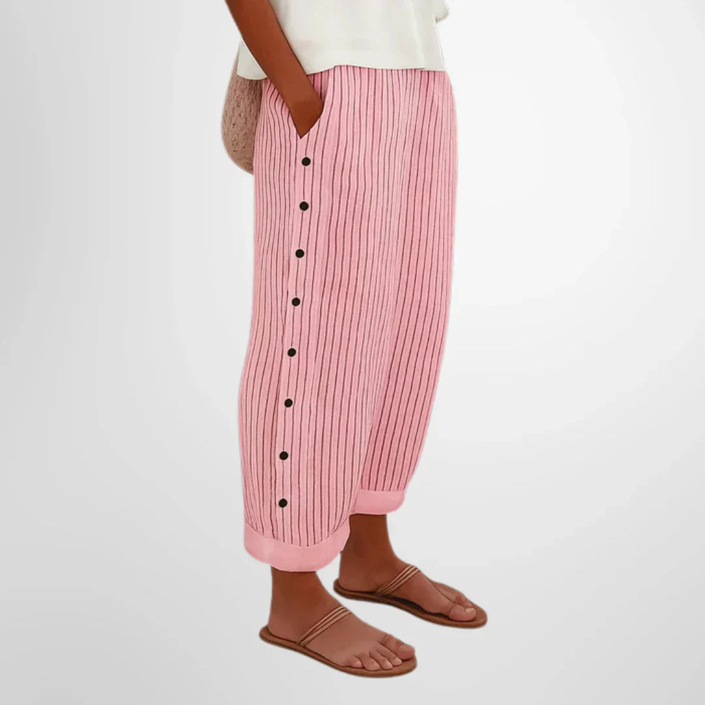 Women's Striped Trousers with Button Detail