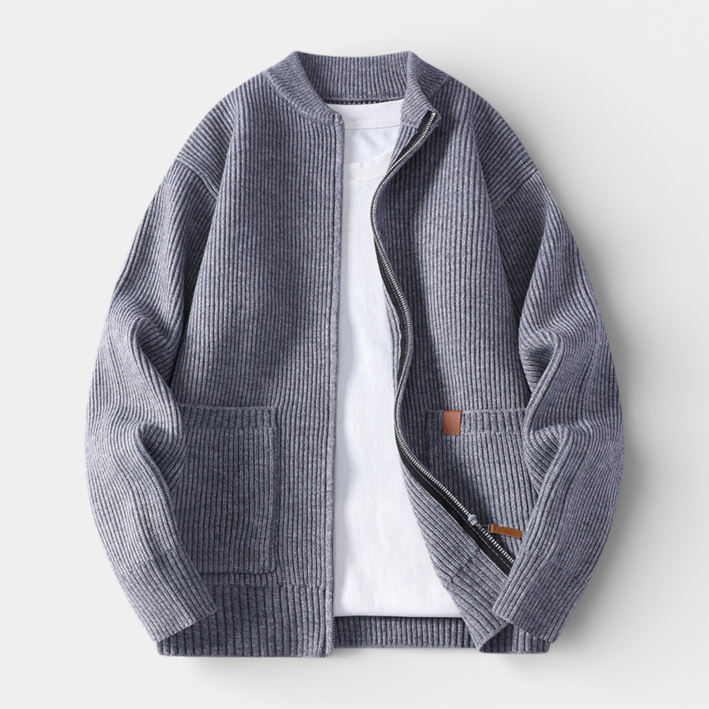 Zip-Up Rib Knit Cardigan Jacket Regular Fit for Men