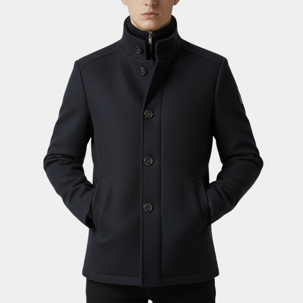 Wool-Blend Trench Coat Stand Collar Tailored Fit for Men