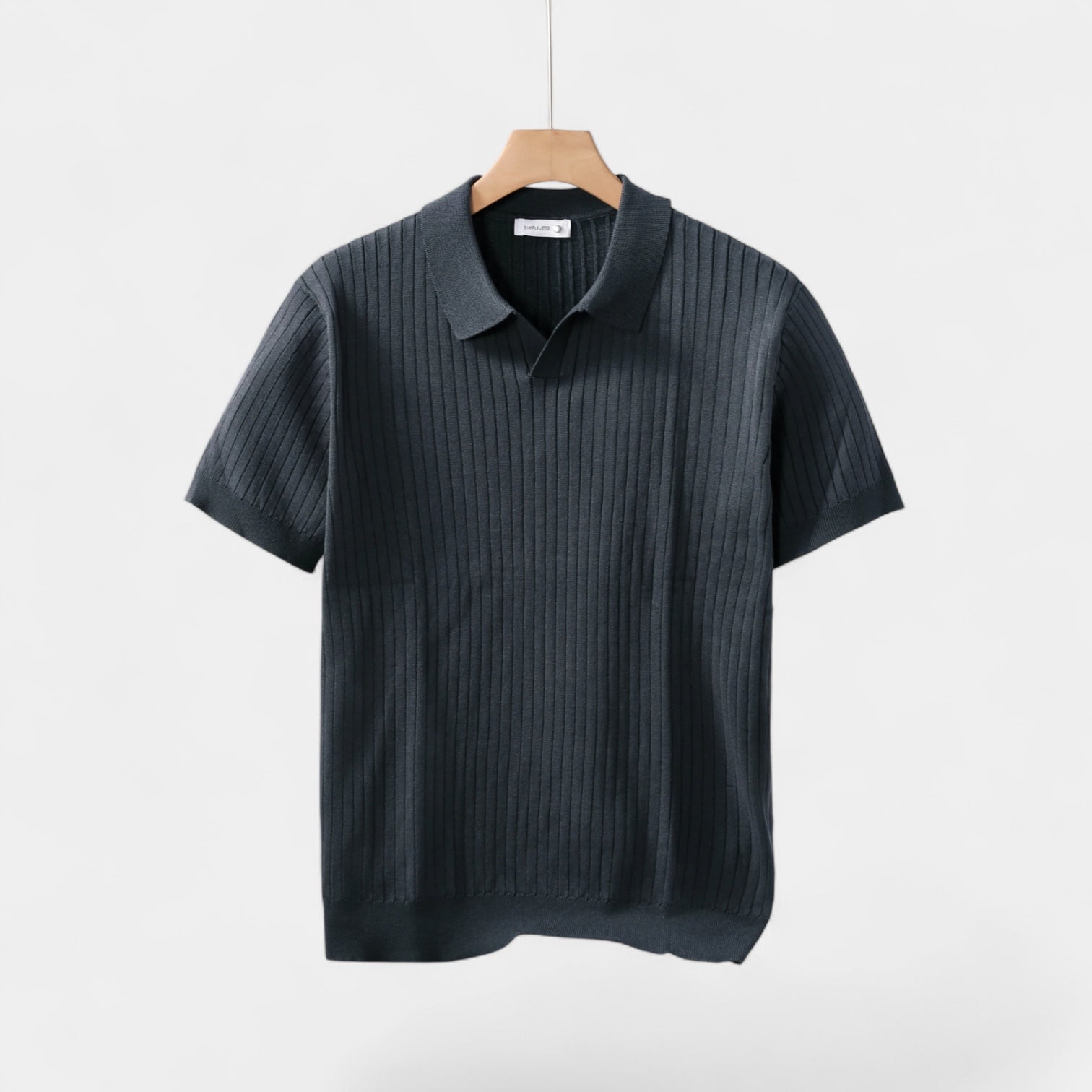 Ribbed Knit Polo Shirt Short Sleeve Slim Fit for Men